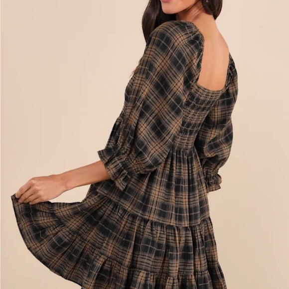 Lulu's Black and Brown Plaid Long Sleeve Dress - Picture 2 of 6